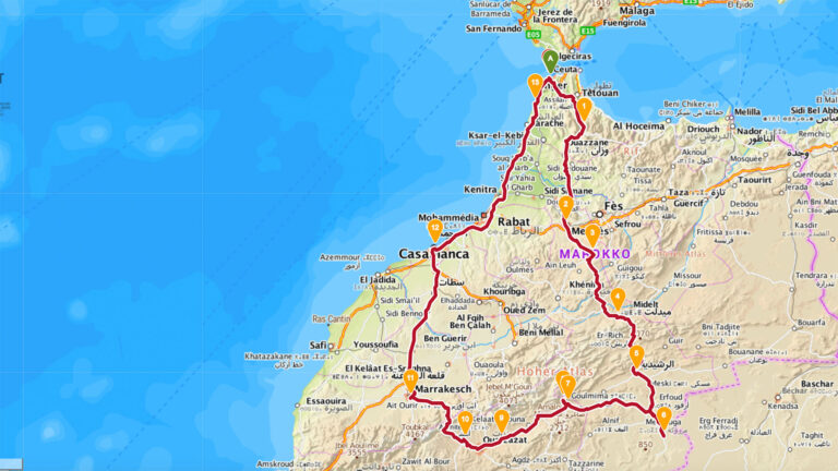 Tour Nr. 2 entlang der Ost-Seite von Marokko beginnend von Tanger über Chefchaouen über Mèkness und Merzouga